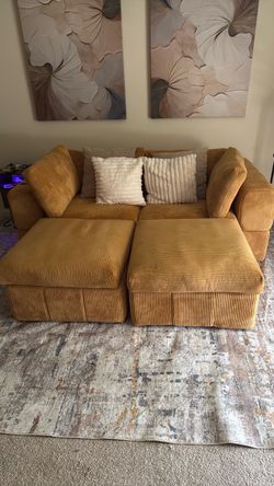 Mustard Yellow Corduroy Modular Sectional Sofa with Ottomans