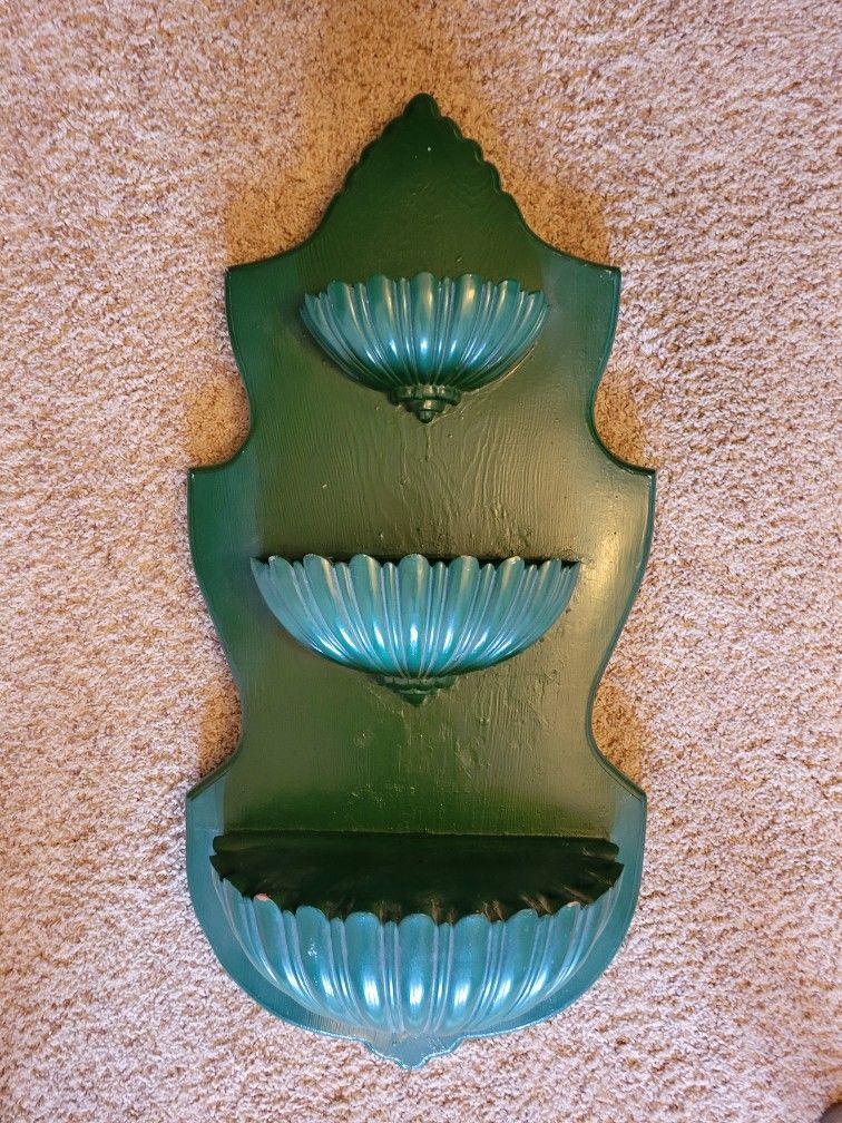 1970s Hand Carved Green Painted Wooden Shelf 36 Inches