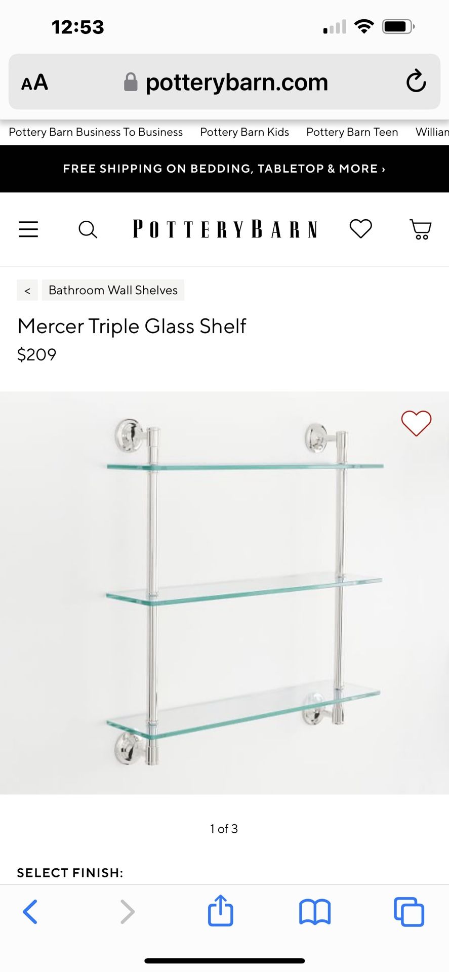 Pottery Barn Triple Glass Shelf By Mercer