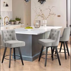 New Set Of 3 Barstools Roman 26.5 in. Gray Fabric Upholstered Solid Wood Leg Counter Height Swivel Bar Stool With Back（Set of 3）