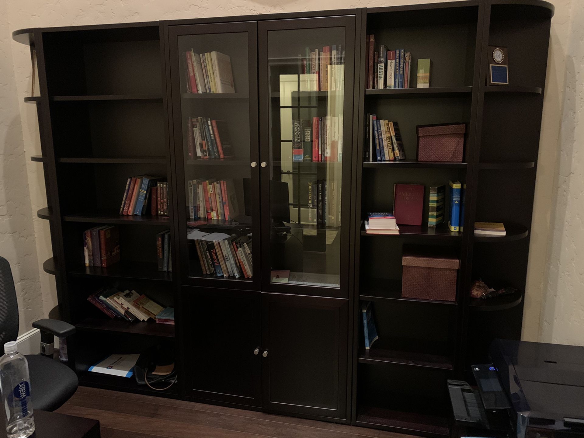 Jaspers office including set of bookcases, desk, desk side rolling cabinet, credenza lateral file cabinet
