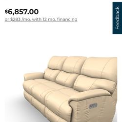 La-Z-Boy Trouper white leather power reclining 3 seat sofa w/ power lumbar & wireless remotes