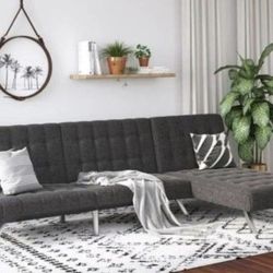 Foldable Sofa Bed With Chaise Gray Linen Couch 