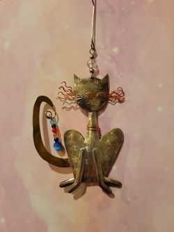 Cute Sly Cat Metal Christmas Tree Ornament 4" Double Sided Beaded Dangle Tail Xmas D&E