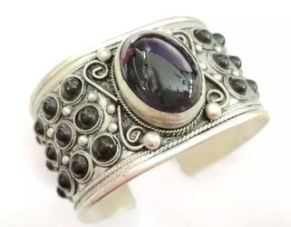 Tibet Silver Dark Purple Red Black Stone Bead Bracelet