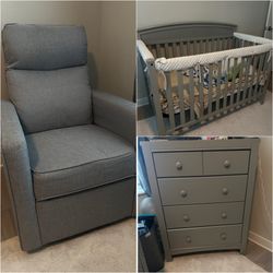 Dresser, Graco Crib, Rocking Chair 