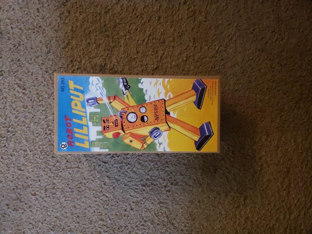 OLD METAL TIN WINDUP LILLIPUT MS393 ROBOT WORKS SPACE TOY ORIGINAL BOX


