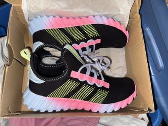 NEW ADIDAS BLACK 5.5 SHOES WITH COLORFUL PASTELS BABY PINK, BLUE AND GREEN