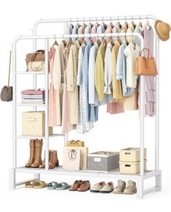 Double Rods Clothes Rack Clothing Rack with 4 Tier Storage Shelves, White
