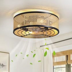 20 in. Rope-Trimmed Double-Layer Wood Bead Flush Mount Gold Standard Ceiling Fan with Light Kit and Remote Control（CFL-1255-01）