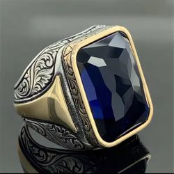 Square Lab Created  Blue Gem Copper Material Grave Gold On Silver Plated Men’s Size 8-9-10