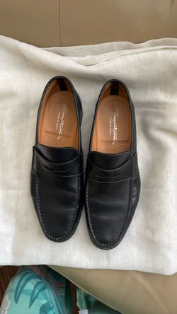Santoni Black Leather Penny Loafers