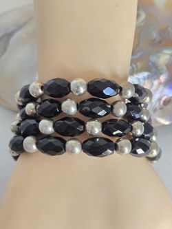 Set of 4 Vintage Black Onyx Gemstone and Sterling Silver Bead Stretch Bracelets 