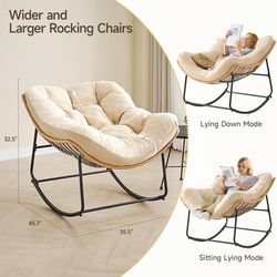 Outdoor Rocking Chairs, Oversized Papasan Rocking Chair Indoors with Padded Cushions, Rattan Wicker Lounge Chair for Living Room, Porch, Patio, Garden