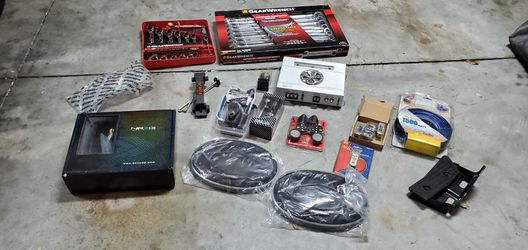Car/audio parts: NRG, Stinger audio, DUB, Braille, Gearwrench, Sound Quest