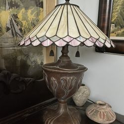 Antique Stained Glass Lamp With Tulip Base  