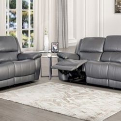 Brand New Grey Leather Reclining Sofa & Loveseat 