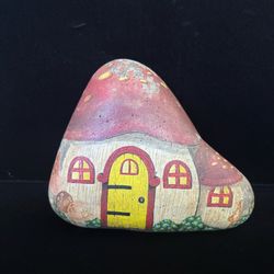 Hand Painted Rock Mushroom Fairy House Large 3lb Stone Cottagecore Garden Art