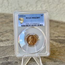 1923-S Lincoln Wheat Cent PCGS MS62BN Graded Coin