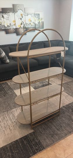 DKNY Modern 4-Tier Shelf / Bookcase – Gold & Wood Finish