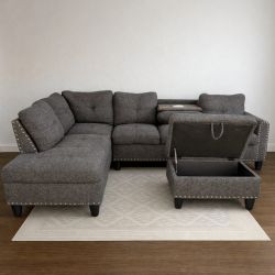 Clean Charcoal Gray Couch and Ottoman with Power Outlet