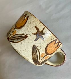 Vintage 14-oz MCM Speckled Stoneware Floral Soup Mug