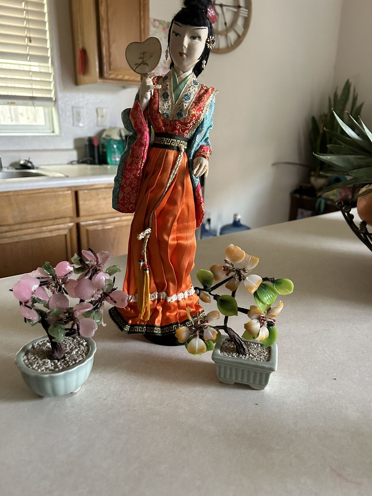 Antique Geisaha Doll With Glass Flower Pots