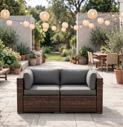 NEW WAYFAIR OUTDOOR RATTAN 2 PIECE CORNER LOVE SEAT (GREY CUSHIONS)