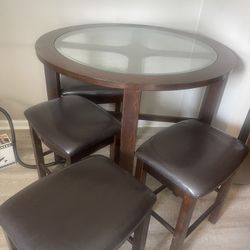 Pub Table Set – Wood & Glass – 4 Chairs w/ Leather Seats – Gently Used