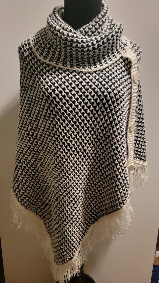 Black & White, fringed poncho by Love by Chesley Size X/XL