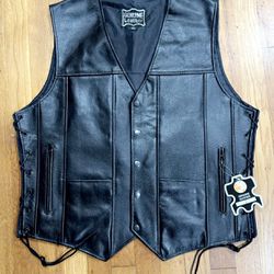 Men’s Black Leather 10 Pockets Motorcycle Biker Vest!