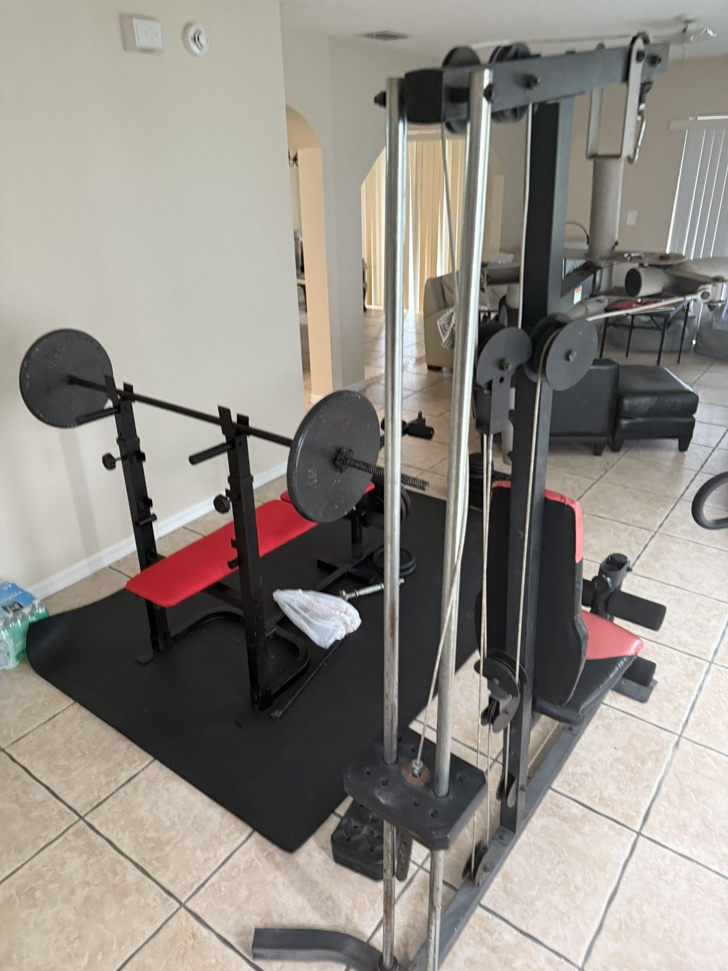 Workout Bench, Bar, Weights, Exercise Machine 