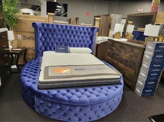 Blue Velvet Round Tufted Bed Frame