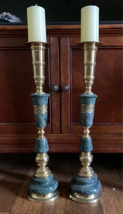 Vintage 1950s Mid-Century Hollywood Regency Brass & Green Marble Altar Candlesticks – Pair