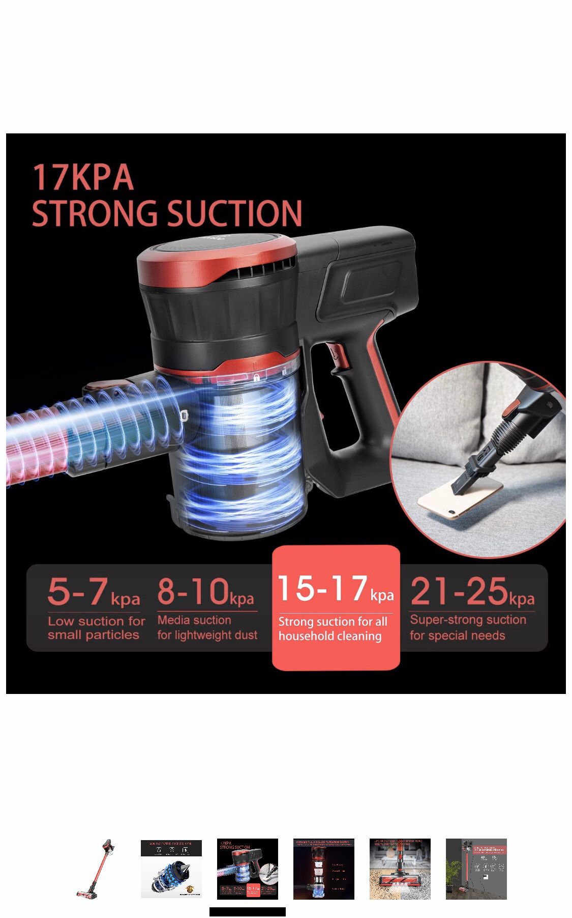Cordless Vacuum Cleaner Strong 15Kpa 30mins with Advanced Brushless Motor LED 2500mAh 8-Cell Battery 2-in-1 Handheld Stick Vacuum