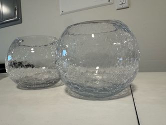 Set of 2 Crackle Glass Candle Holders / Vases
