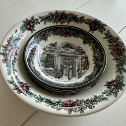 Royal Stafford “Christmas Home“ Vegetable Serving Bowl With Two Soup/Cereal Bowls