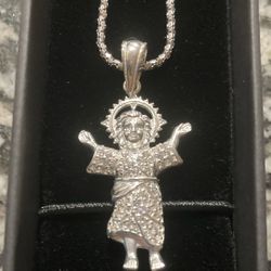 🚨 Baby Jesus VVS Moissanite Pendant W/22in Popcorn Link PASSES DIAMOND TESTER 
