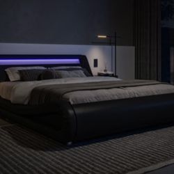 Black Faux, Leather Low Profile Bed With Led Light