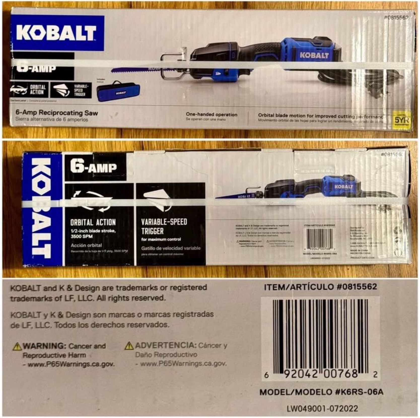 New Kobalt 6-Amp Reciprocating Saw, Model K6RS-06A