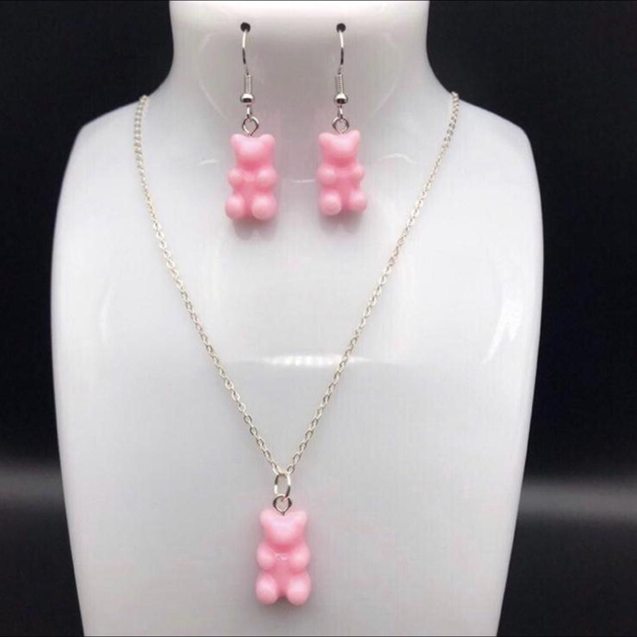 Pink Teddy Bear / Gummy Bear Jewelry Set- Includes Necklace and Earrings