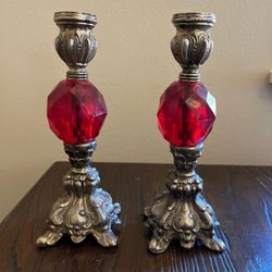 2 Vtg Hollywood Regency 8” Brass & Red Candlestick Holder Set Pair MCM Ornate