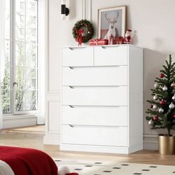 6 Drawer White Dresser, Vertical Chest of Drawers Wood Storage Cabinet for Bedroom Living Room