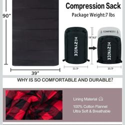 HiZYNICE Cold Weather Sleeping Bag 100% Cotton Flannel XXL for Adults Big and Tall,Free Compression Sack
