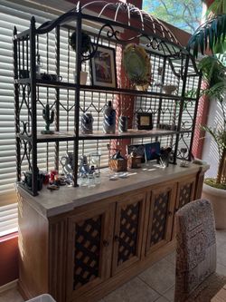 2-Piece Rustic Wood Buffet and Wrought Iron Display Hutch