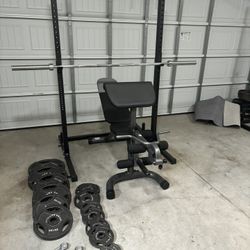 Fringe Sport Olympic Squat Rack/Pull-Ups/Bench w Legs,Preacher Curls/255 LBS Olympic Plates,45 LB Bar 