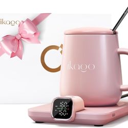 Coffee Mug Warmer Set 15oz Pink Heated Mug Temp Control Auto Shut-Off