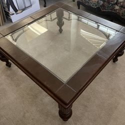 Glass Coffee Table And 2 Side Tables , Wood