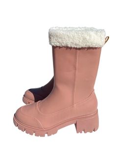 New Women’s Pink Mid-Calf Boots with Sherpa Trim, 8
