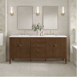 James Martin Vanities Myrrin 72" Double Basin Wood Vanity Set with 3cm White Zeus Silestone Quartz Vanity Top, Rectangular Sinks and Electrical Outlet